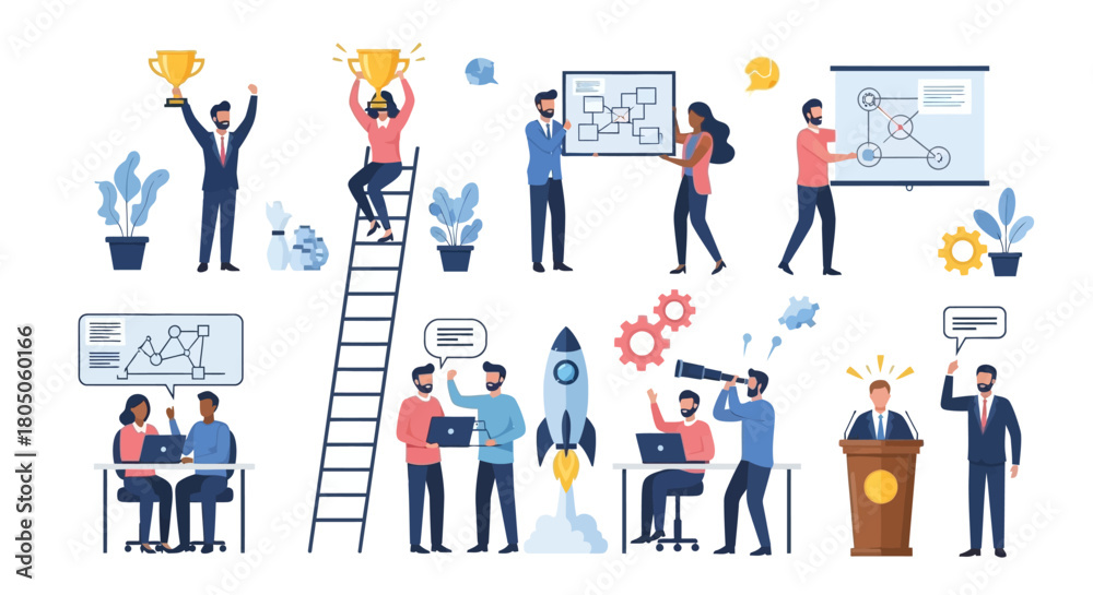 Obraz premium Vector illustration of various business people in various team work activities.