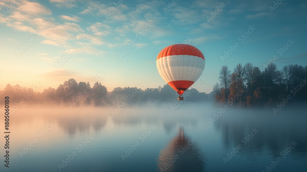 Obraz premium Hot air balloon sunrise over misty lake. Travel, adventure, serenity