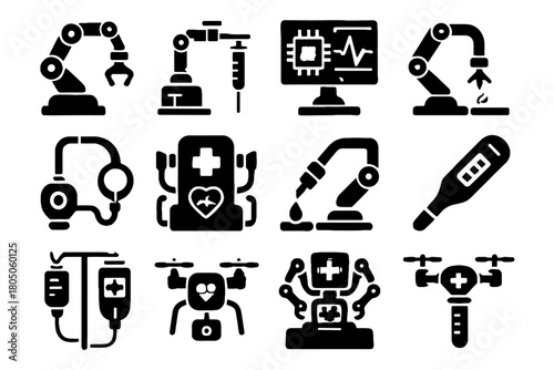 Robotic laser ai defibrillator medical syringe robot tool medic icons panel icon