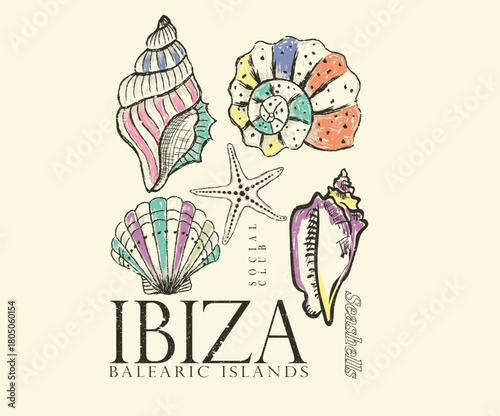 Ibiza beach design. Salty days artwork for t shirt print, poster, sticker and other uses. Seashell vintage artwork. Summer vibes artwork. Colorful seashell line drawing.