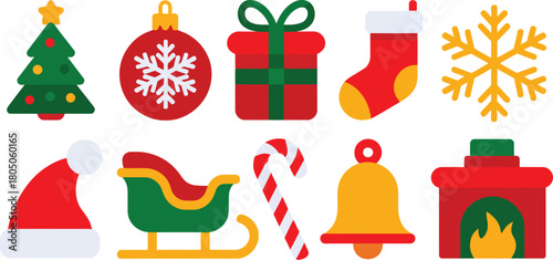 A collection of festive Christmas icons including a tree, ornament, gift, stocking, snowflake, hat, sleigh, candy cane, bell, and fireplace.