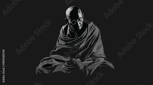 Monochromatic portrait of a wise, contemplative old man wearing round spectacles and simple draped garment, seated peacefully.