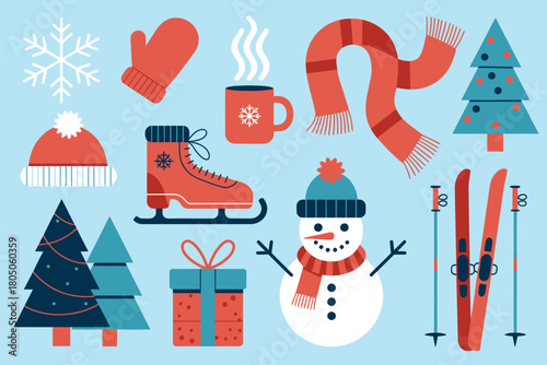 A collection of winter-themed icons including a snowman, ice skates, skis, a snowflake, mittens, a hat, a scarf, a hot drink, and Christmas trees.