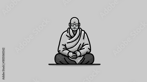 Minimalist grayscale illustration of a peaceful bald figure wearing glasses, meditating in a cross-legged pose, spiritual calm.