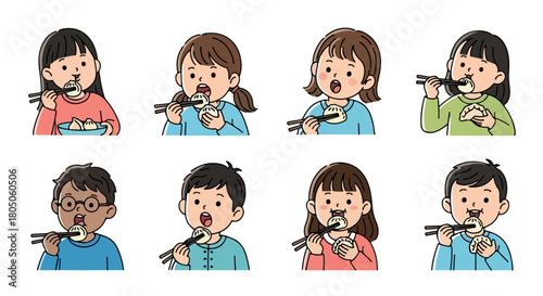 Children eating dumplings with chopsticks