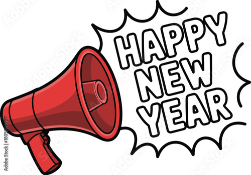 A red megaphone announces 'Happy New Year' with a celebratory burst of text, symbolizing holiday greetings and announcements.