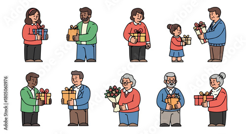 People gifting presents and flowers in various styles