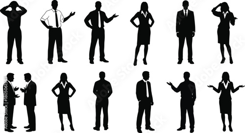 Silhouetted business people of diverse professions in various poses isolated