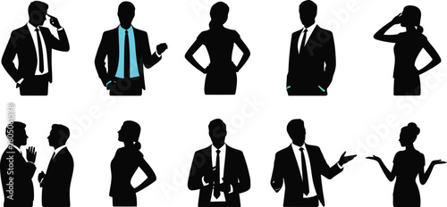 Black silhouettes of business people in different poses on white backdrop
