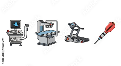 Various industrial machines and tools in flat design style ,  ultrasound machine for animals, treadmill, X-ray for animals, anesthesia dart,  Animal-Computer Interaction icon set.