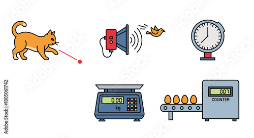 Cat playing with laser pointer , scale,  and egg counter display weight  , signal for birds, Animal-Computer Interaction icon set.