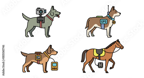 Illustrations of dogs and horse wearing gadgets for tracking and imaging  Animal-Computer Interaction icon set.