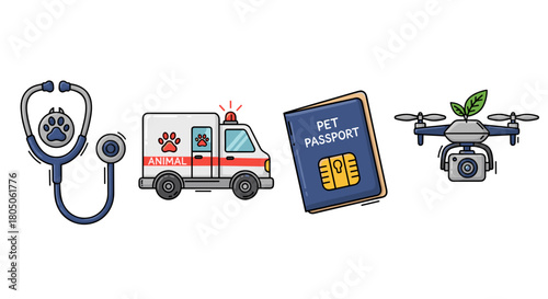 Medical tools for pets including stethoscope, ambulance, and passport  , drone with a camera, Animal-Computer Interaction icon set.