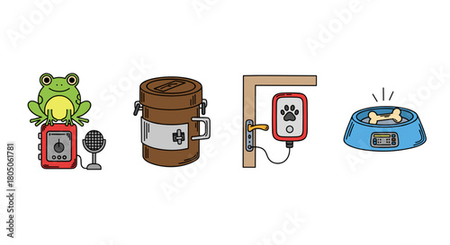 Cartoon-style pet care icons with various animal items and tools  , voice recording for frogs, feeder, door sensor, Animal-Computer Interaction icon set.