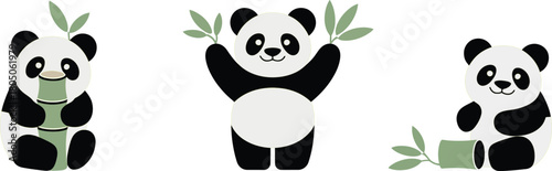 Cute panda bears collection with bamboo shoots for a joyful wildlife