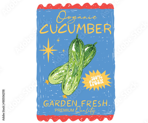 Vegetable love club. Organic vegetable farm. Cucumber artwork for t shirt print, poster, sticker and other uses. Fresh vegan food.