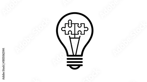 Outline light bulb icon with two connecting jigsaw puzzle pieces inside, symbolizing creative idea generation, problem-solving, and finding a solution.