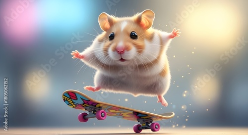 Fototapeta Naklejka Na Ścianę i Meble -  A cute hamster is skateboarding and jumping in the air with a colorful skateboard, looking excited and having fun
