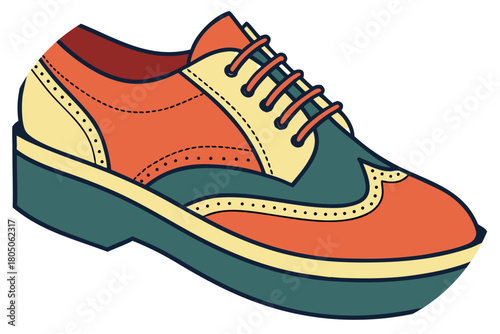 Colorful Line Art Illustration of a Brogue Shoe with Teal Orange and Yellow on White Background oxford