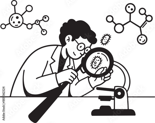 Scientist looking at bacteria under a magnifying glass research illustration