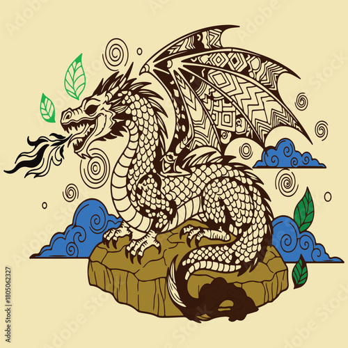 Dragon Icon, Tribal Patterned Mythical Creature With Fire And Clouds For Fantasy Design Project Management And Adventure Applications

