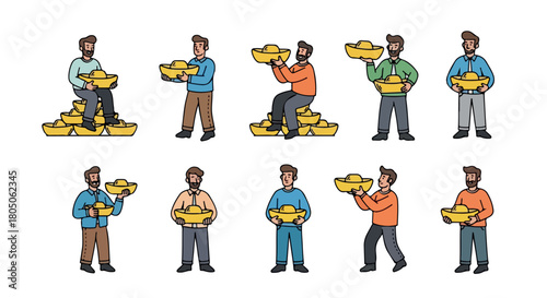 Men holding gold bowls, prosperity and wealth concept