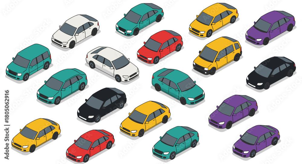Naklejka premium Isometric colorful cars set with various models and shades
