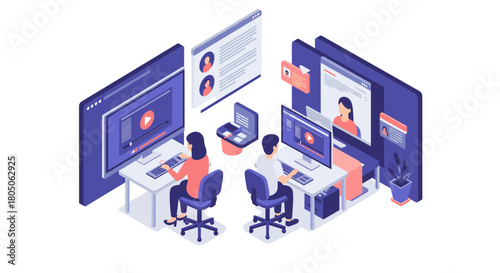 Isometric office workspace with remote video call and digital collaboration