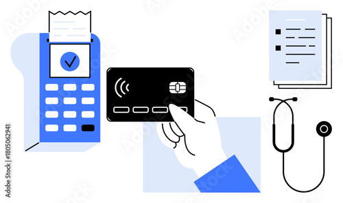 Credit card tapping on payment terminal with receipt, checklist paperwork, and stethoscope. Ideal for healthcare billing, online transactions, insurance processing, medical expenses, financial