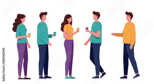 Simple flat design of people socializing with coffee cups