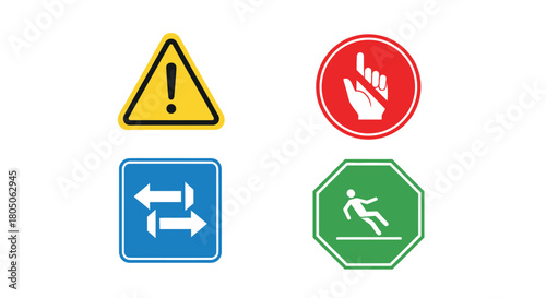 Four colorful warning and informational signs displayed against a white background
