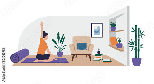 Tranquil home yoga practice with indoor plants and cozy decor
