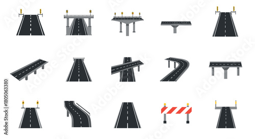 Diverse highway and road construction icons for infrastructure projects