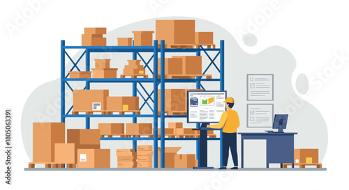 Warehouse management system concept with worker organizing boxes on shelves in modern facility