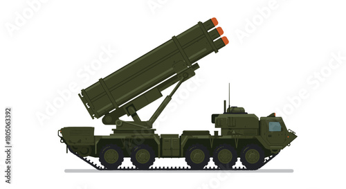 Military missile launcher truck side view in detailed flat design