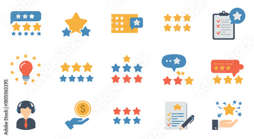 Customer feedback and rating icons in flat style for business and service evaluation