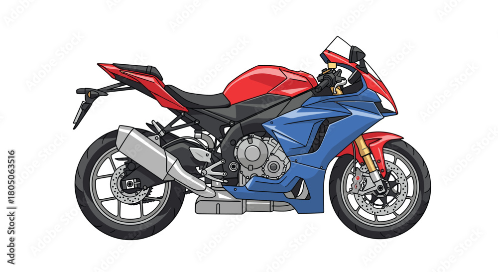 Obraz premium Vibrant red and blue sports motorcycle drawing ready for action showcasing speed and agility on the open road perfect for branding or promotional use, Generative AI.