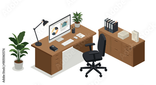 Modern isometric home office setup with desk, chair, and computer