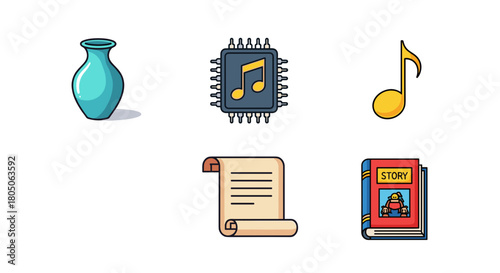 Colorful icons representing art, music, and storytelling elements  , vase,  scroll , AI-Assisted Creativity icon set