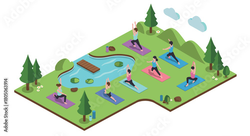 Isometric yoga class in nature with diverse people practicing outdoors by a scenic pond