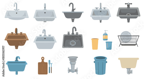 Variety of kitchen and bathroom sinks and accessories in flat design style