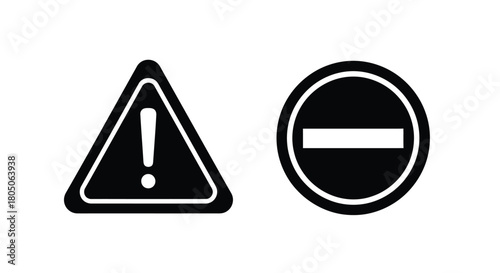 Black and white road signs warning and prohibition symbols shown