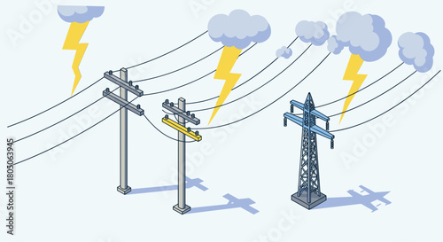 Power outage risk with thunderstorm and electric poles in isometric style