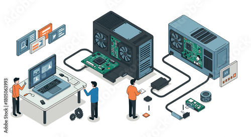 Isometric data center design with tech engineers and hardware components