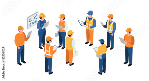 Construction workers meeting with digital tablets and hard hats in isometric style