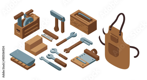 Isometric carpenter tools with wooden toolbox and apron for crafting and diy projects