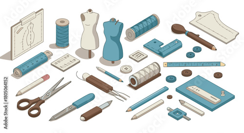 Isometric sewing tools set with mannequins, spools, and rulers in blue tones