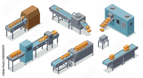Isometric bakery production line with conveyor belts and packaging machines