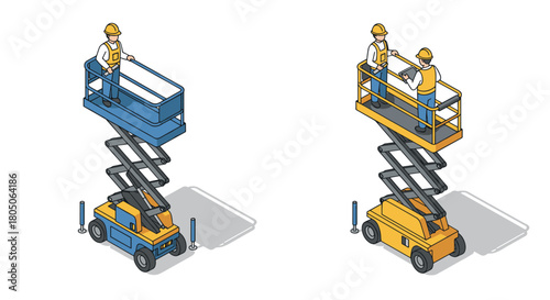Construction workers operating aerial lifts in isometric style for safety and efficiency