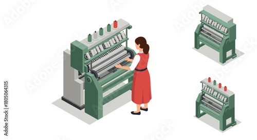 Seamstress operating industrial sewing machine in isometric style